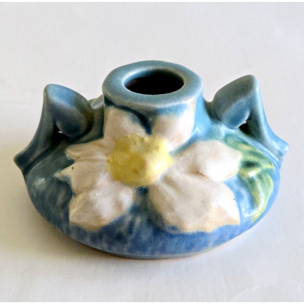 Vintage Roseville Pottery Candle Holder Clematis Blue Floral Retro USA 1940s